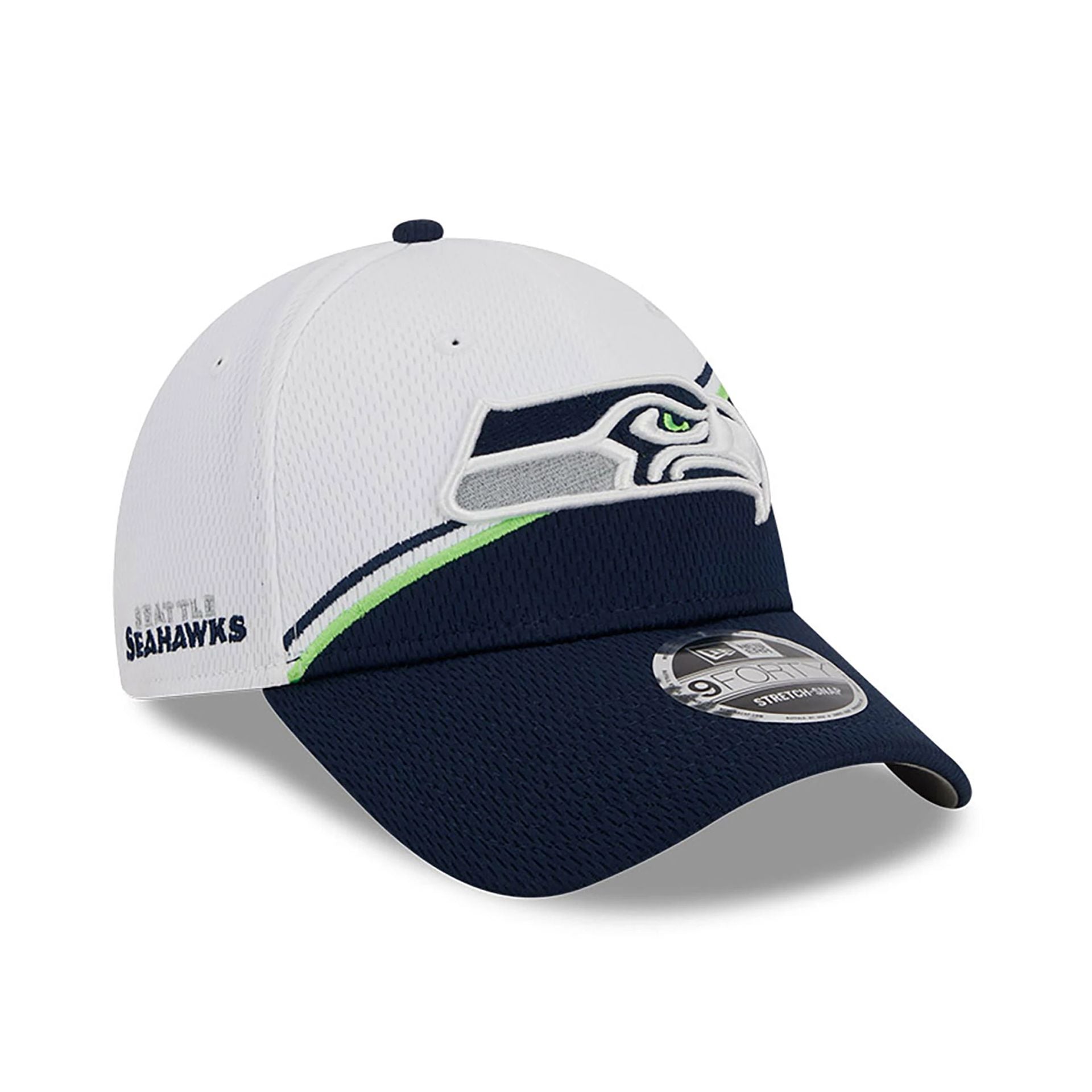 This is a Seattle Seahawks NFL Sideline 2023 White 9FORTY Stretch Snap Cap 4