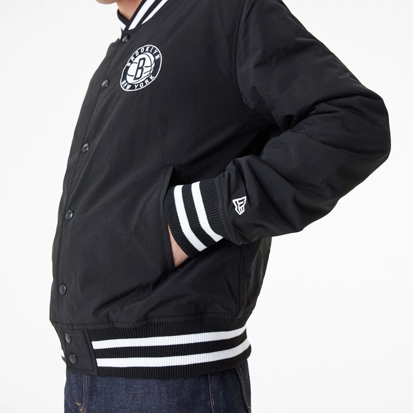 The Male model is wearing Brooklyn Nets Team Script Black Bomber Jacket 5