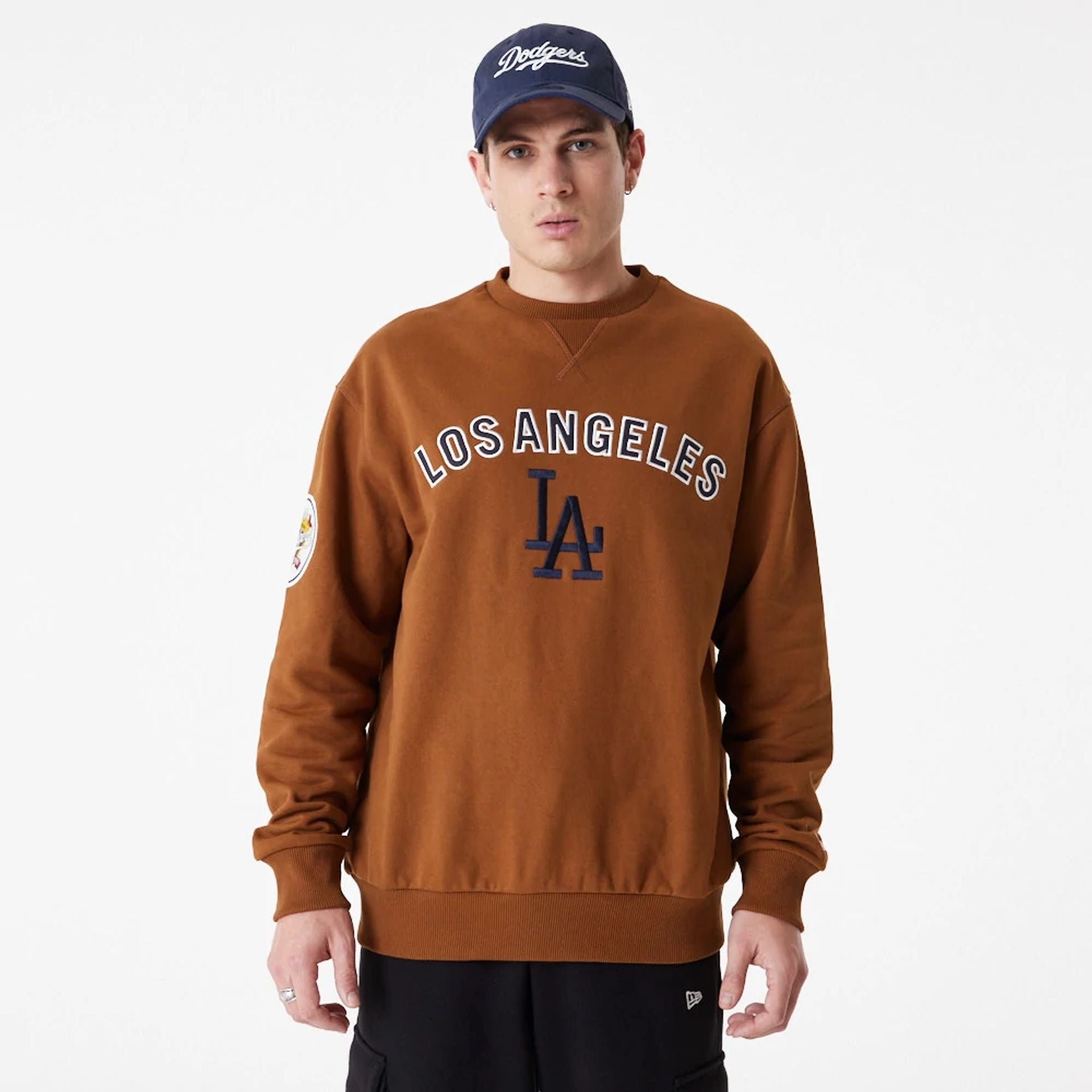 The Male model is wearing LA Dodgers MLB Large Logo Brown Crew Neck Sweatshirt 6