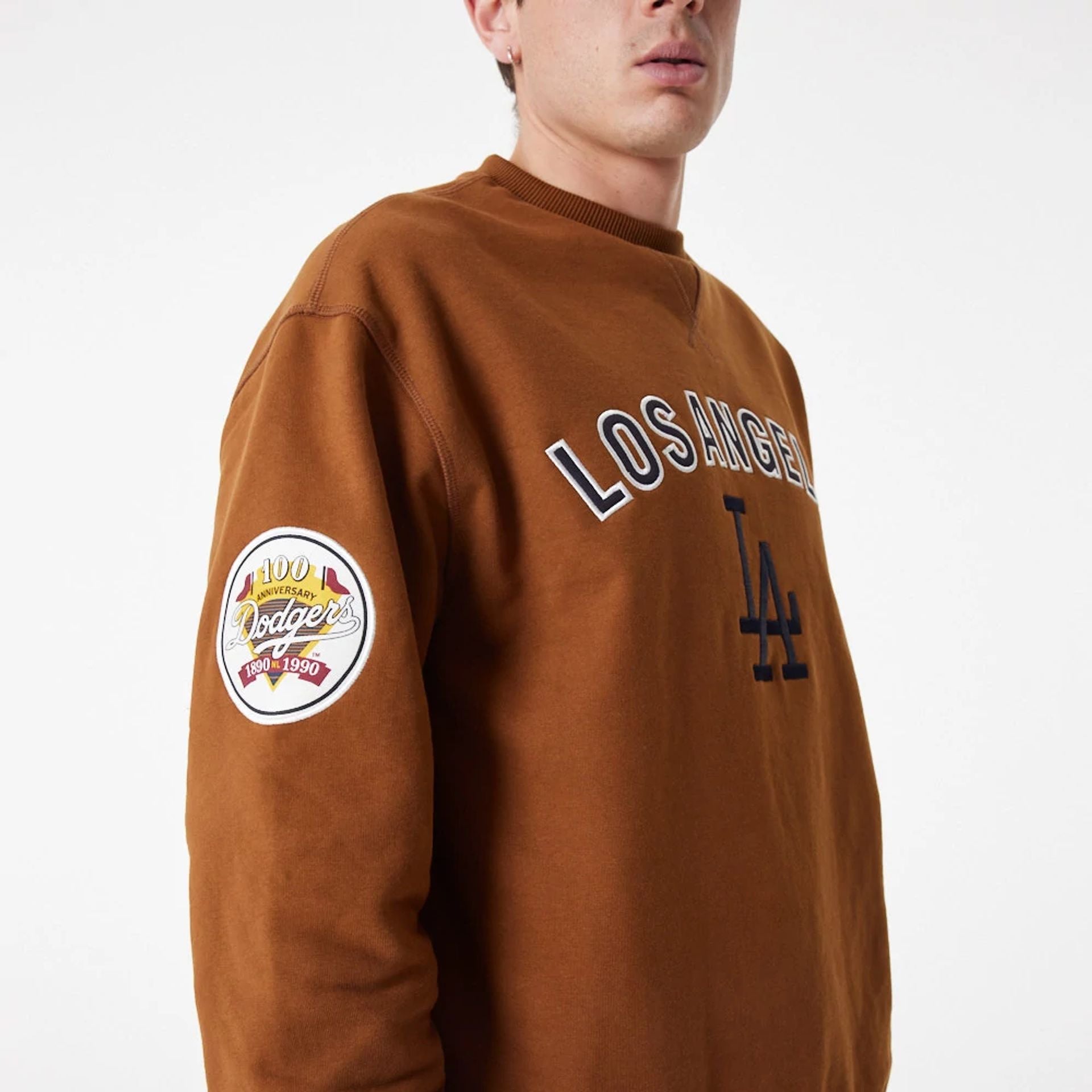 The Male model is wearing LA Dodgers MLB Large Logo Brown Crew Neck Sweatshirt 3