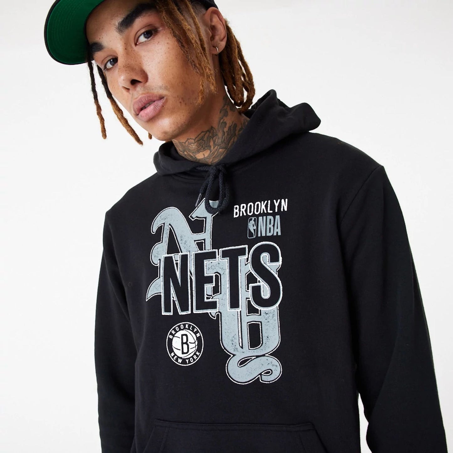 The Male model is wearing Brooklyn Nets NBA Team Graphic Black Pullover Hoodie 4