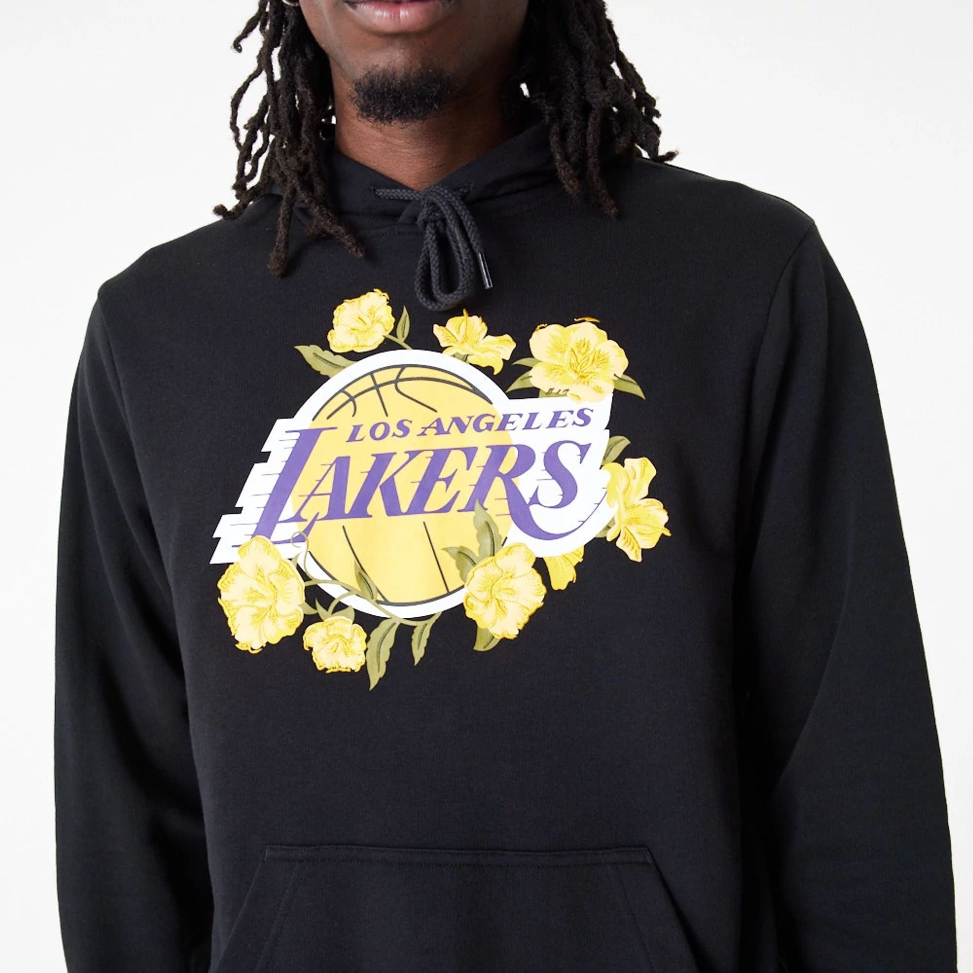 The Male model is wearing LA Lakers NBA Floral Graphic Black Pullover Hoodie 2