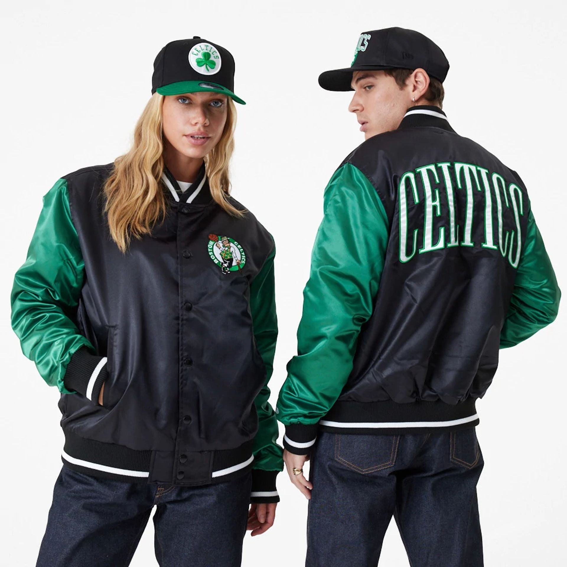 The Male model is wearing Boston Celtics NBA Lifestyle Black Bomber Jacket 1