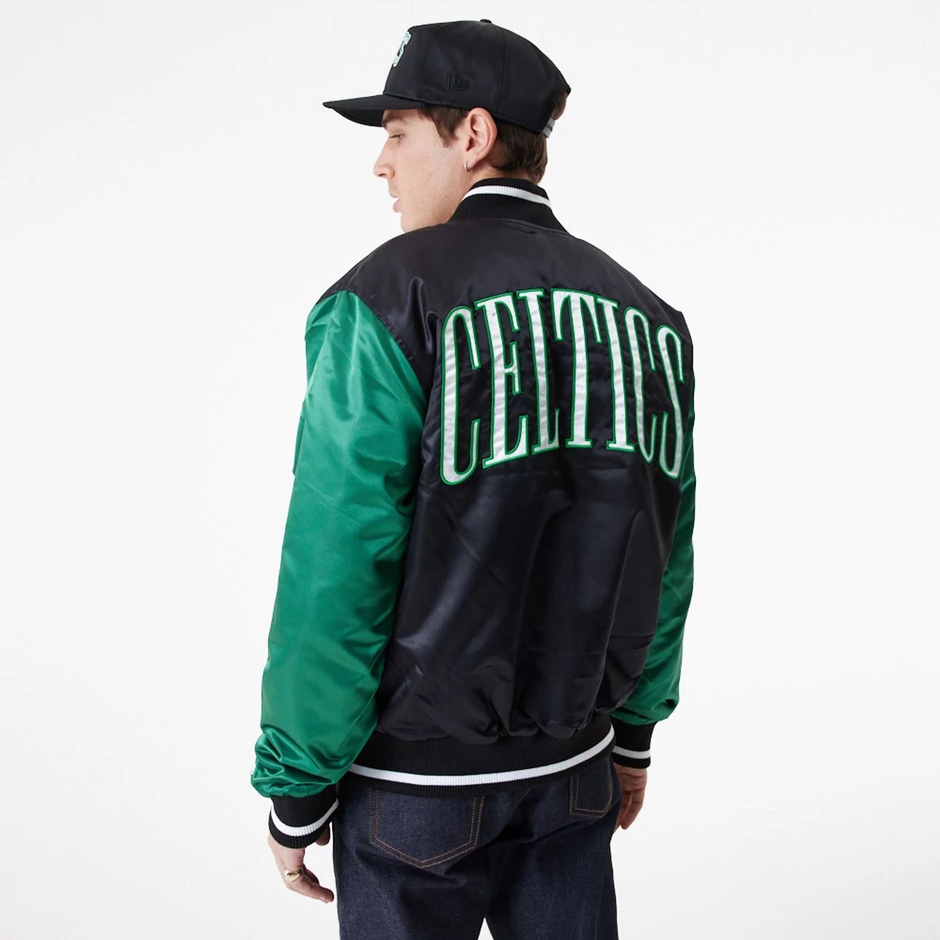 The Male model is wearing Boston Celtics NBA Lifestyle Black Bomber Jacket 2