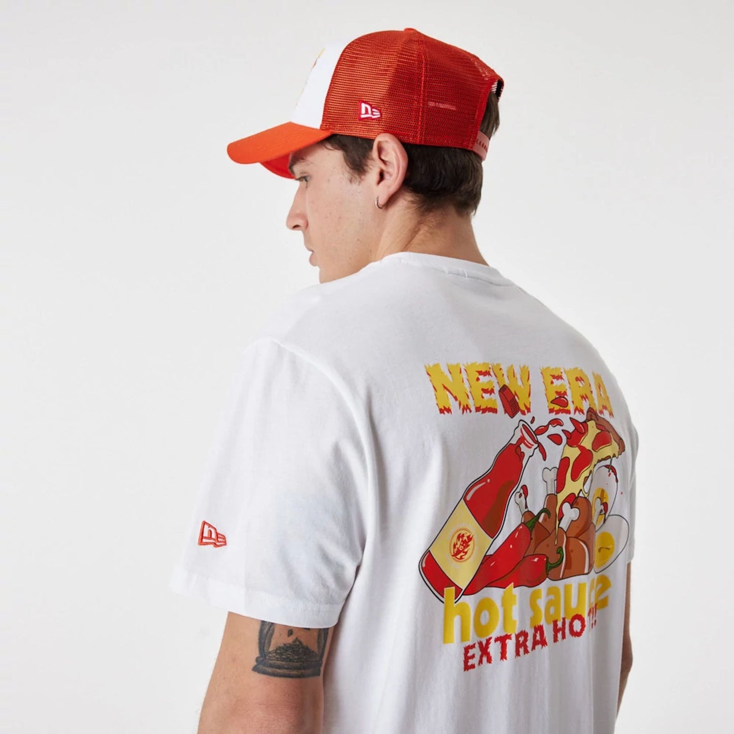 The Male model is wearing New Era Food Pizza White T-Shirt 6