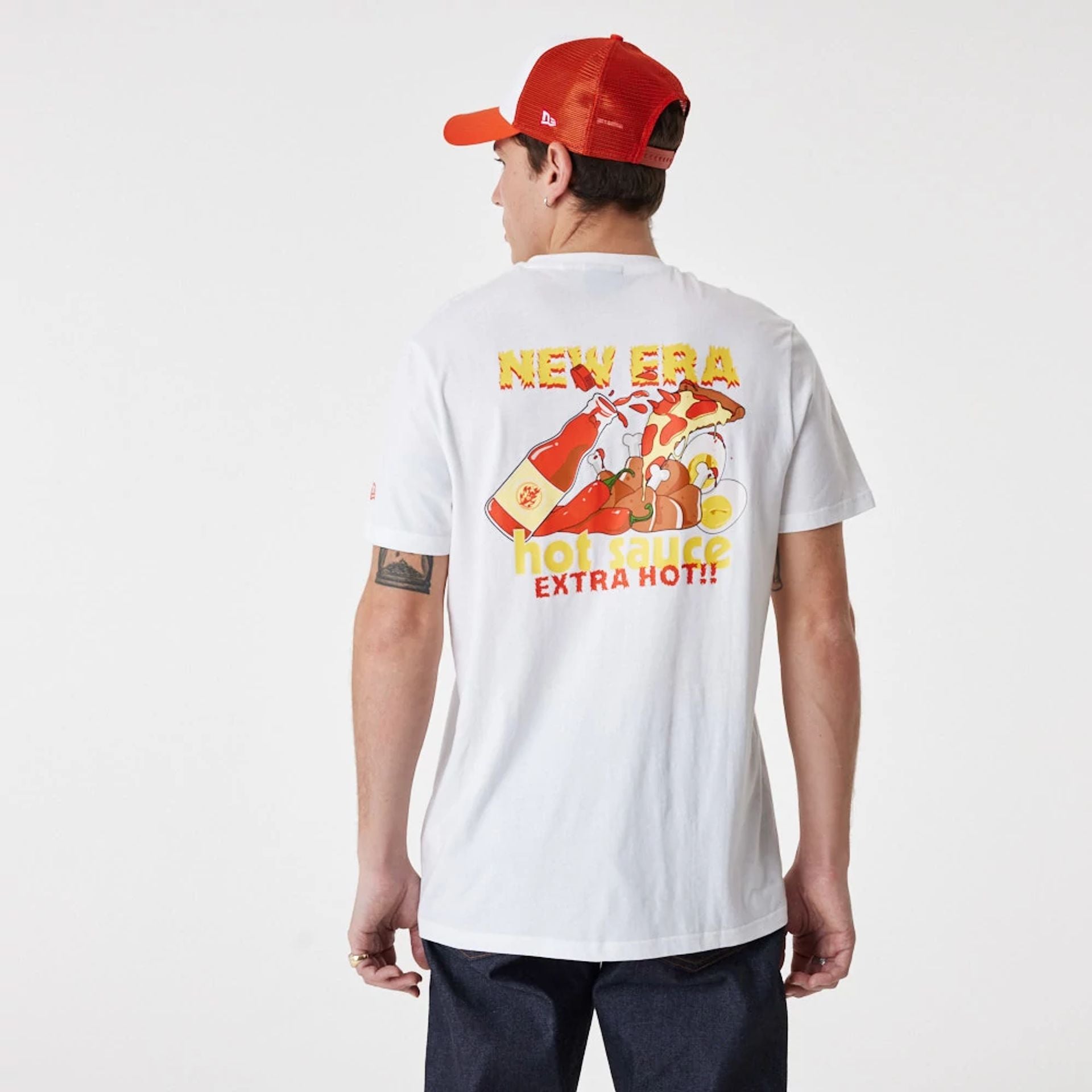 The Male model is wearing New Era Food Pizza White T-Shirt 2