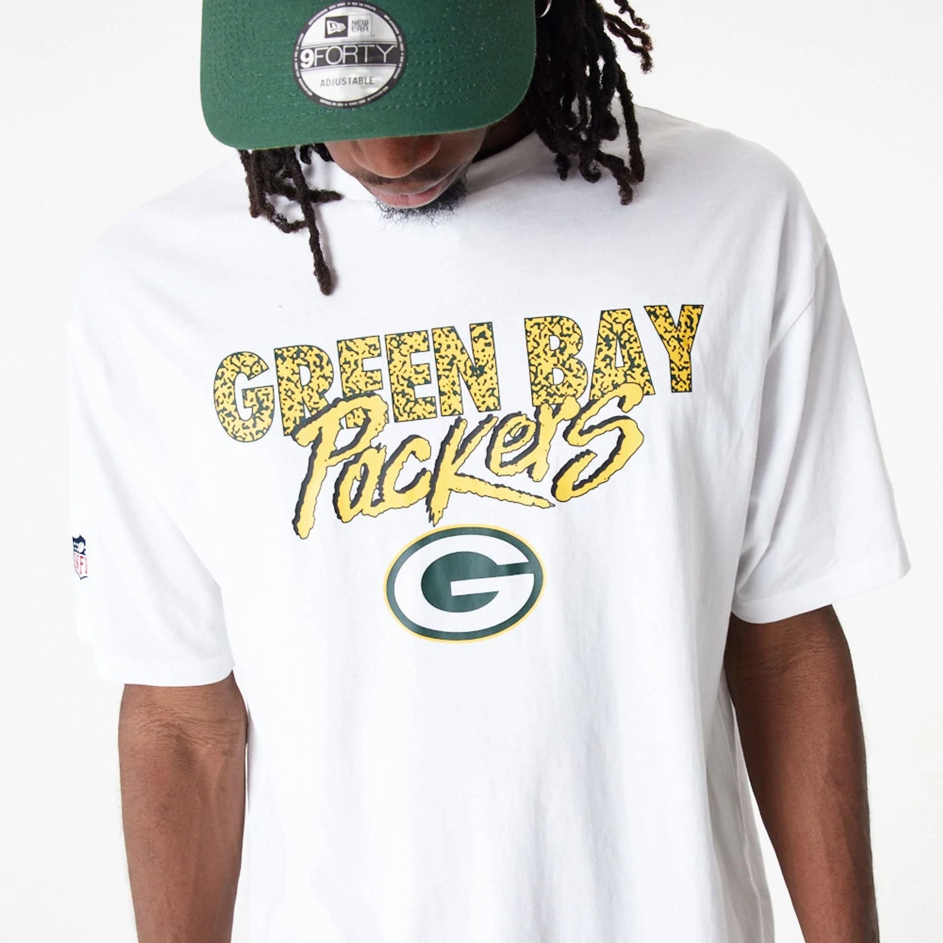 The Male model is wearing Green Bay Packers NFL Script White Oversized T-Shirt 1