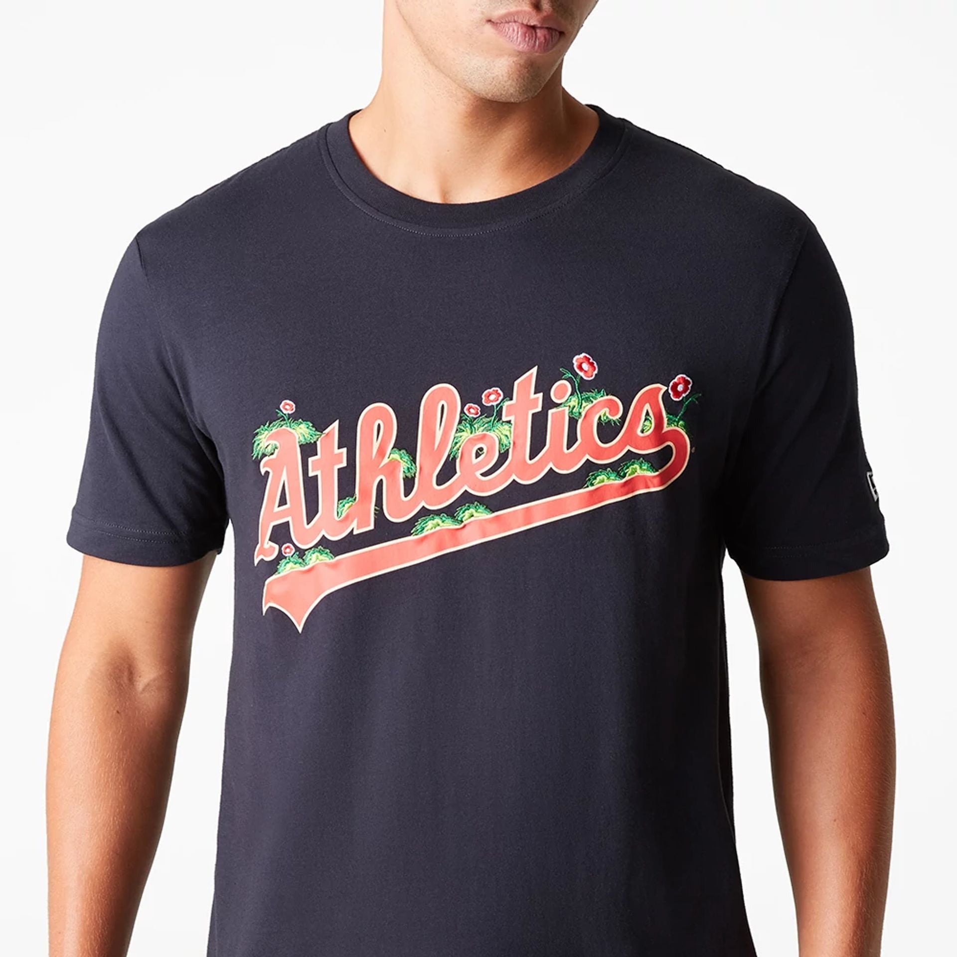 The Male model is wearing Oakland Athletics MLB Hook Up Navy T-Shirt 5