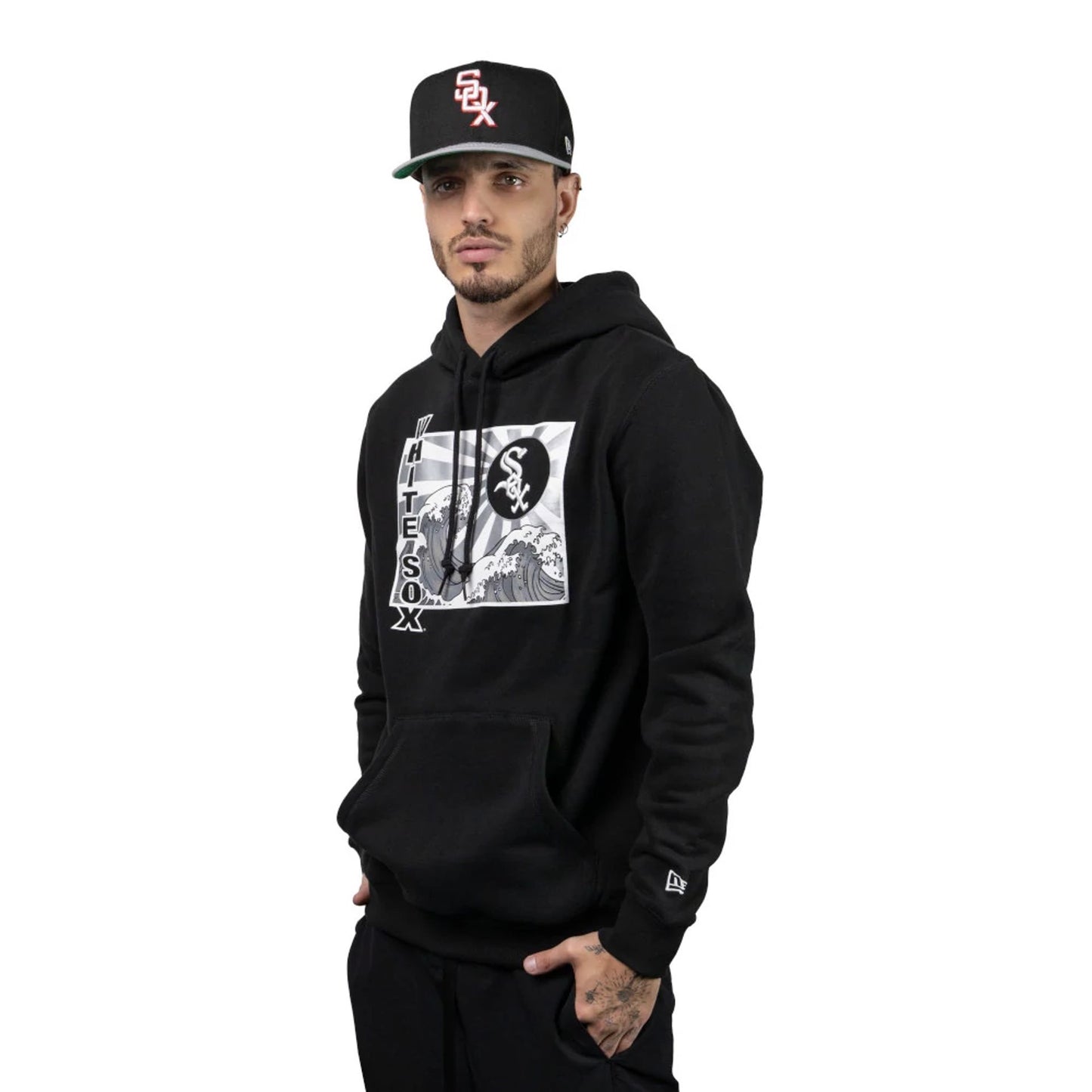 The Male model is wearing Chicago White Sox Tonal Wave Black Pullover Hoodie 1