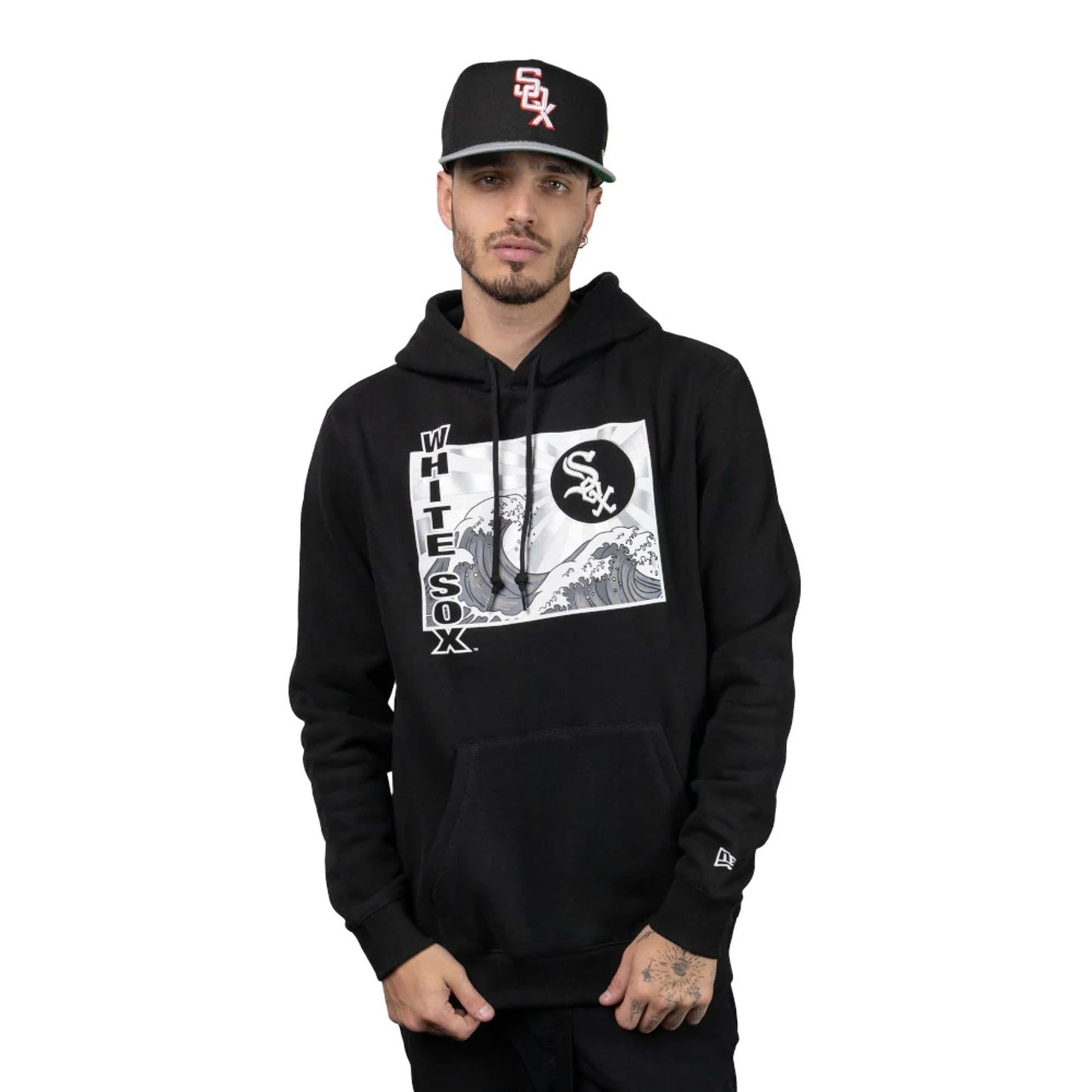 The Male model is wearing Chicago White Sox Tonal Wave Black Pullover Hoodie 3