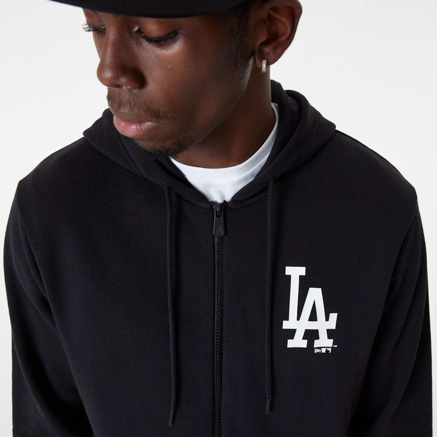 The Male model is wearing LA Dodgers MLB Essential Black Full Zip Hoodie 3