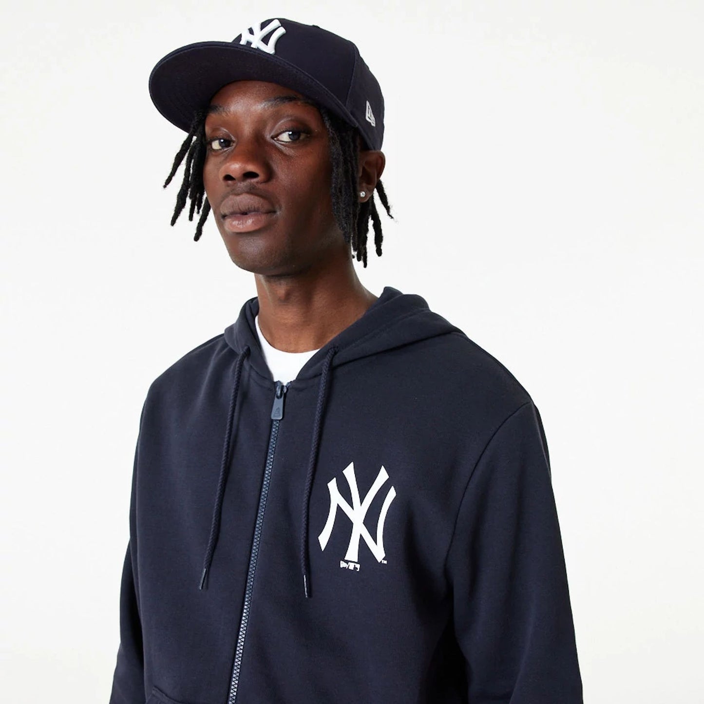 The Male model is wearing New York Yankees MLB Essential Navy Full Zip Hoodie 5