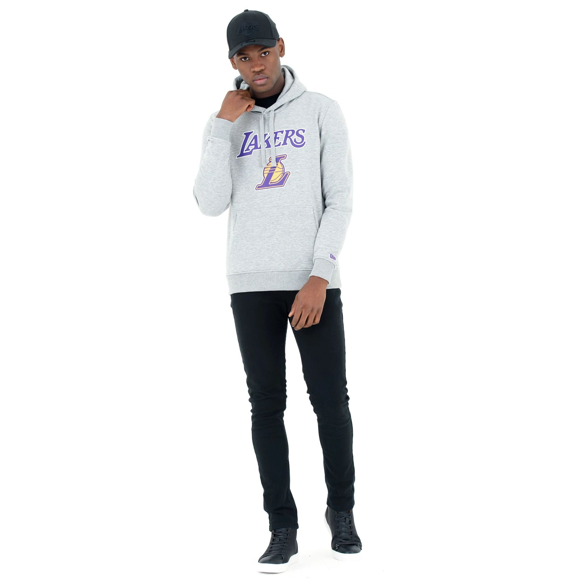 The Male model is wearing LA Lakers NBA Regular Grey Pullover Hoodie 5