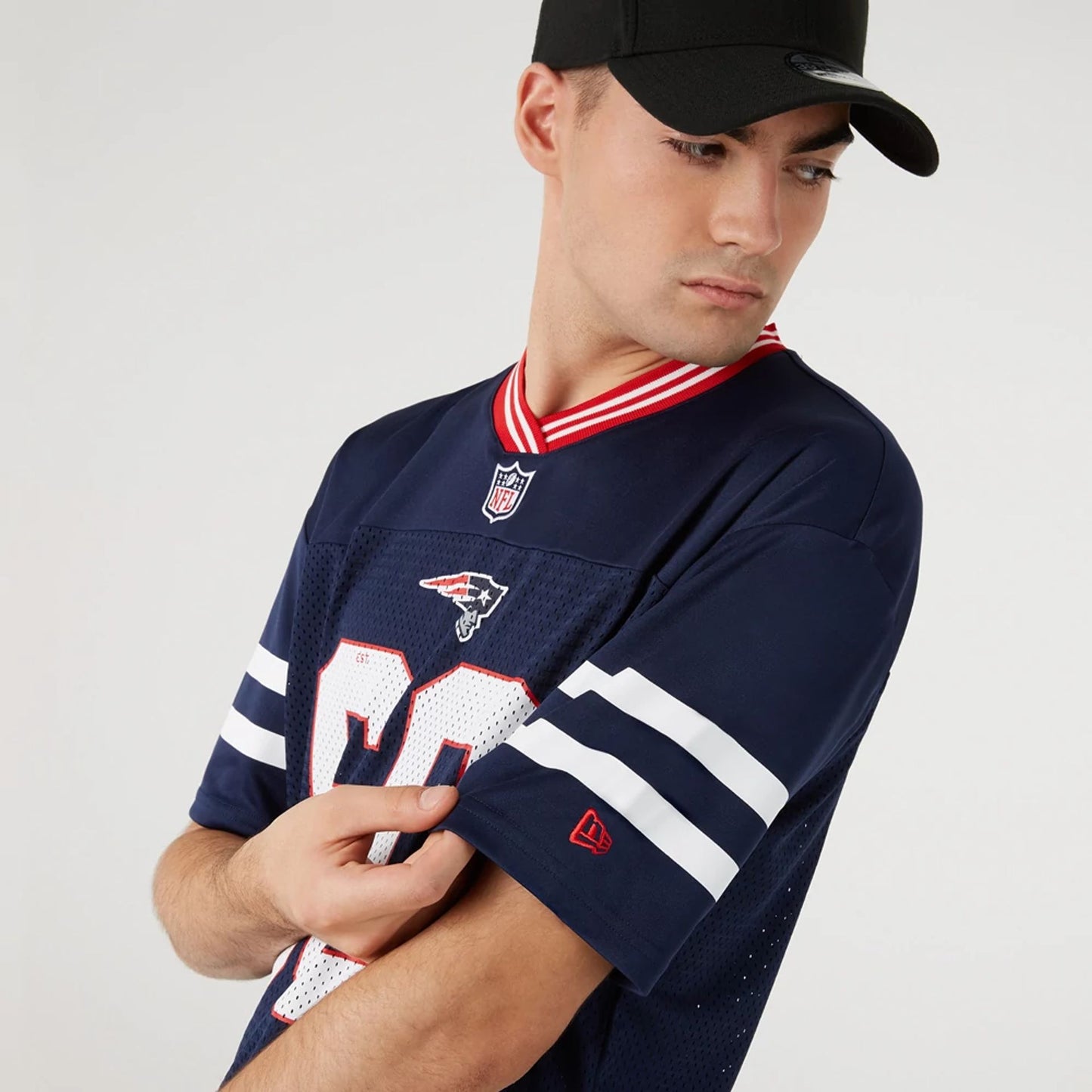 The Male model is wearing New England Patriots NFL Dark Blue Mesh T-Shirt 3