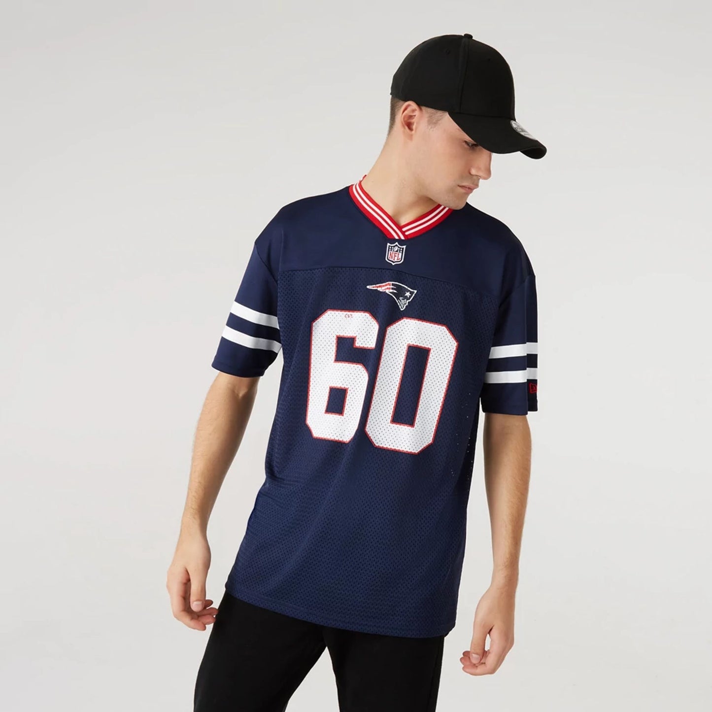 The Male model is wearing New England Patriots NFL Dark Blue Mesh T-Shirt 1