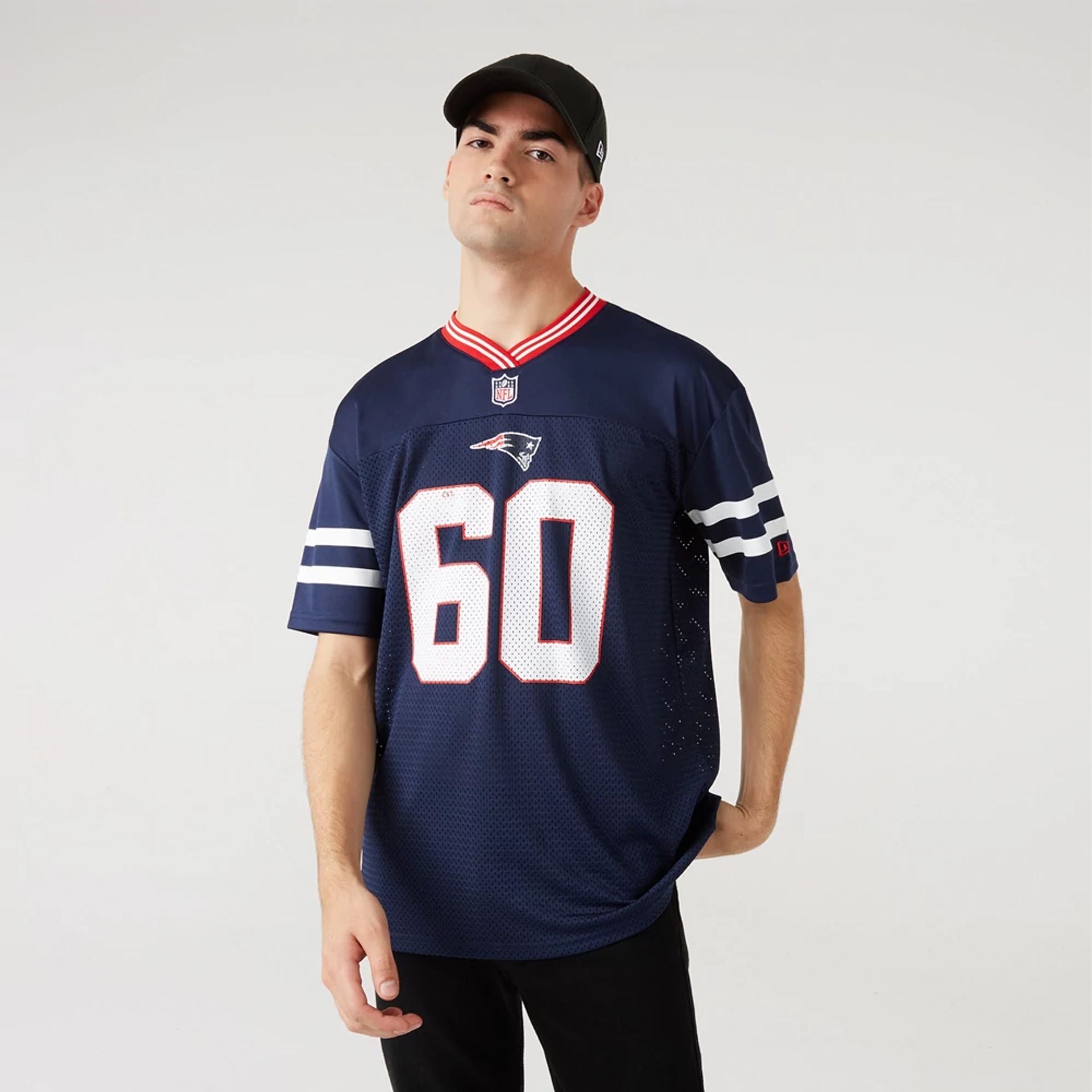 The Male model is wearing New England Patriots NFL Dark Blue Mesh T-Shirt 7