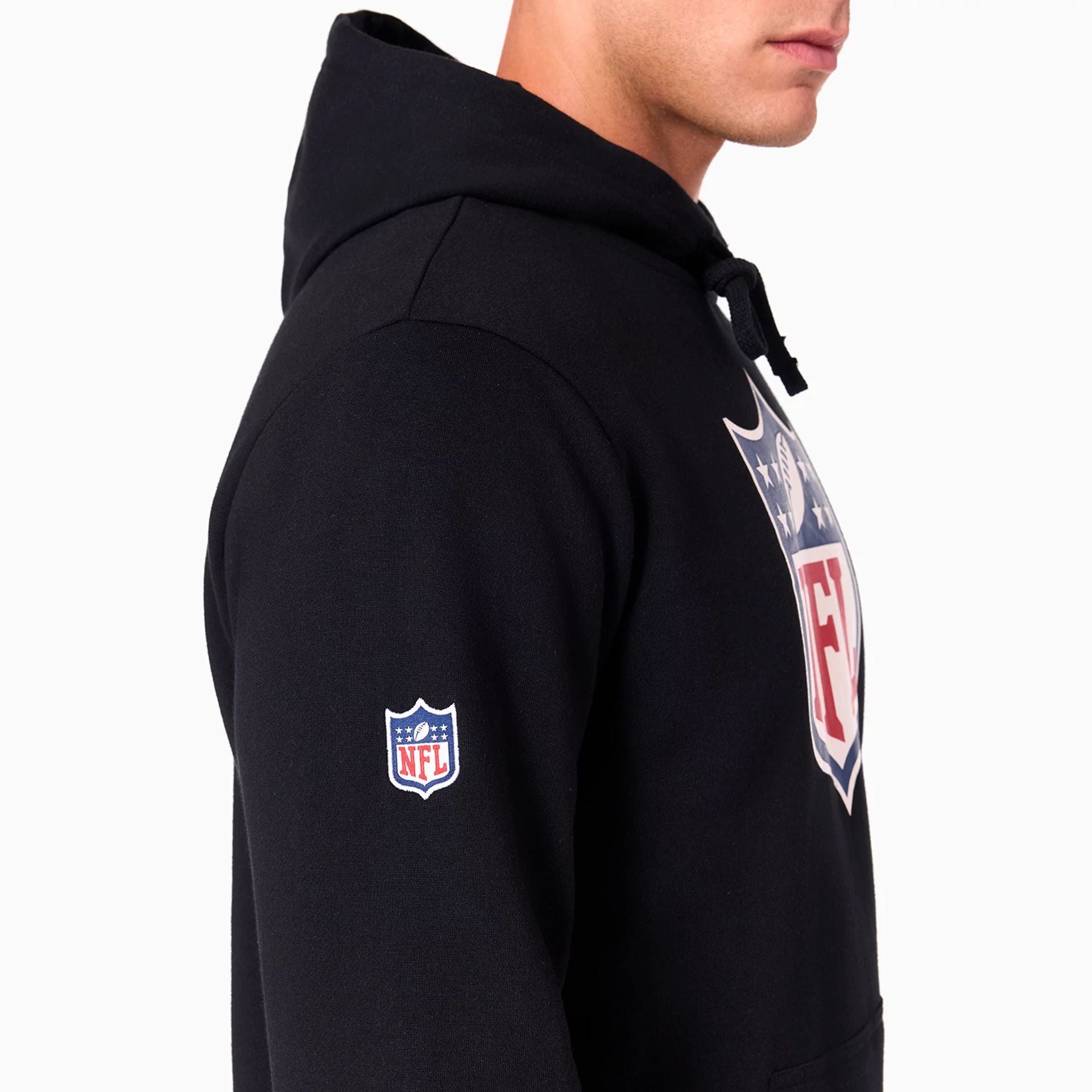 The Male model is wearing NFL Shield Logo NFL Black Pullover Hoodie 3