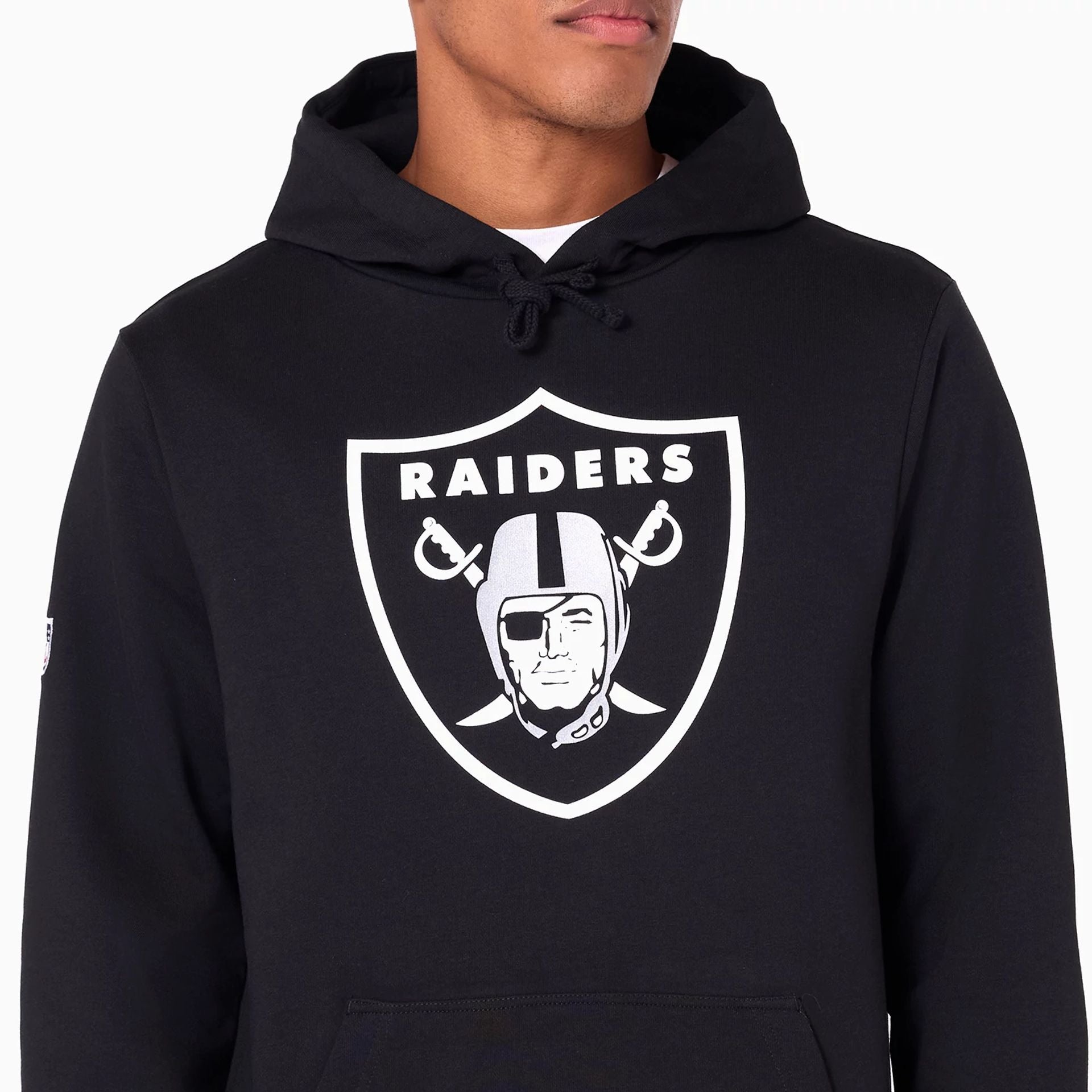 The Male model is wearing Las Vegas Raiders NFL Black Pullover Hoodie 1