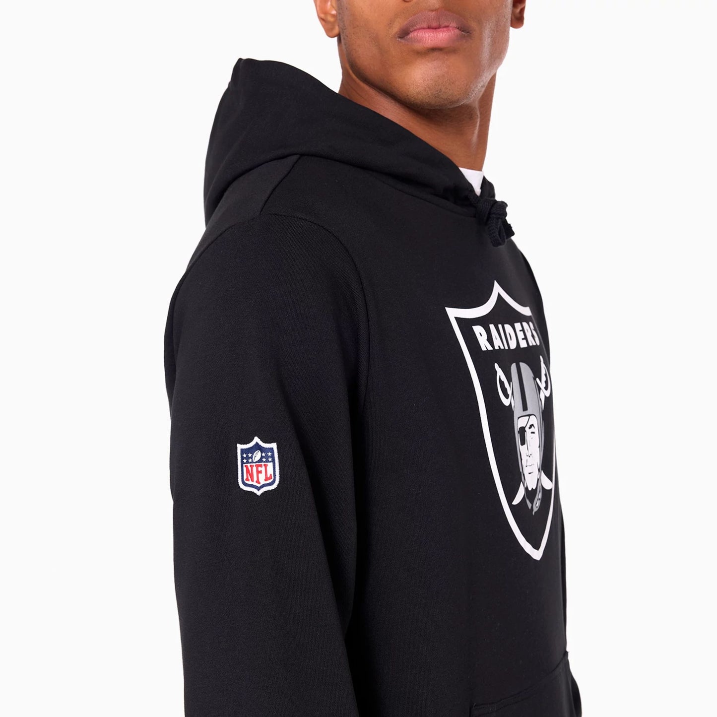 The Male model is wearing Las Vegas Raiders NFL Black Pullover Hoodie 4