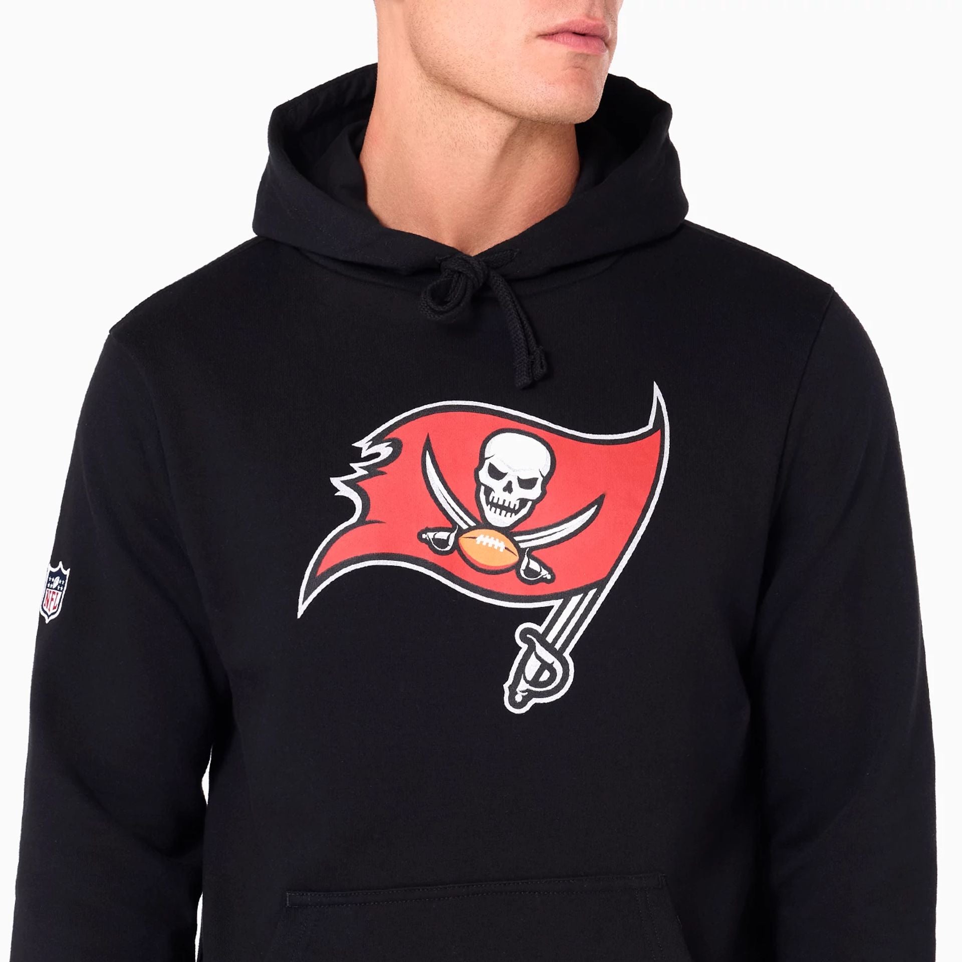 The Male model is wearing Tampa Bay Buccaneers NFL Black Pullover Hoodie 1