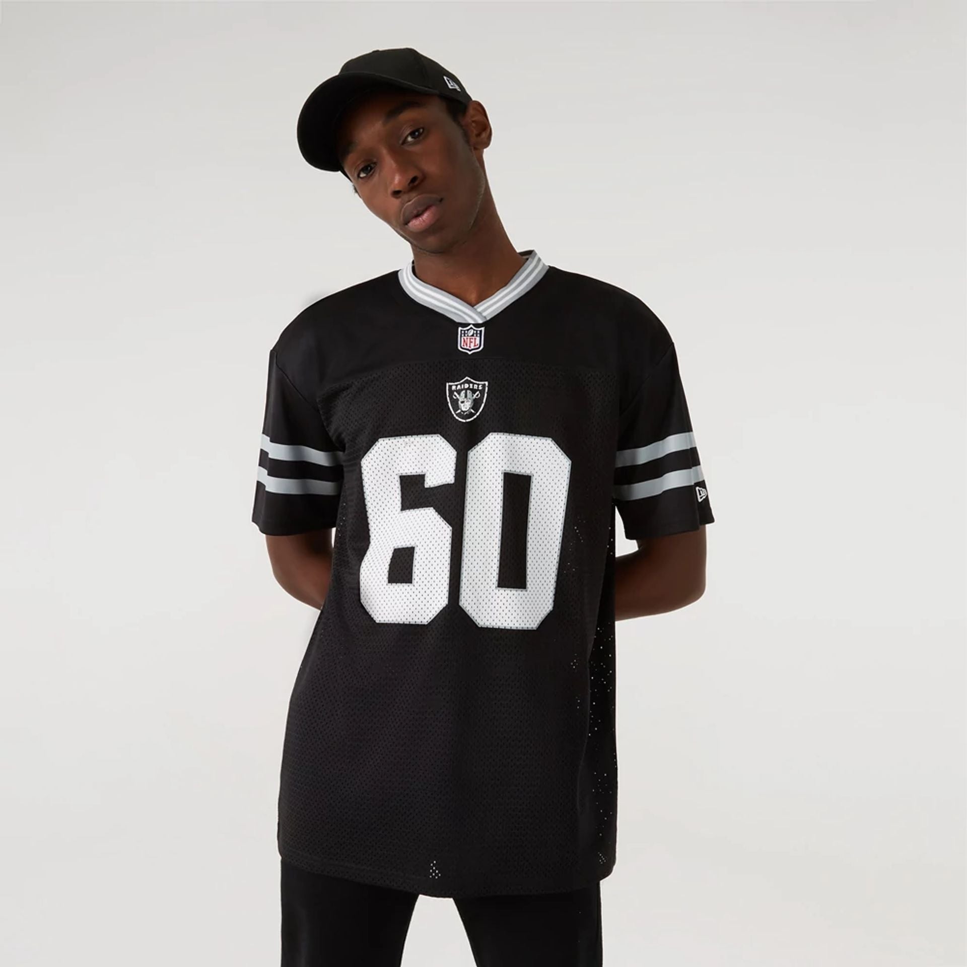 The Male model is wearing Las Vegas Raiders NFL Black Mesh T-Shirt 1