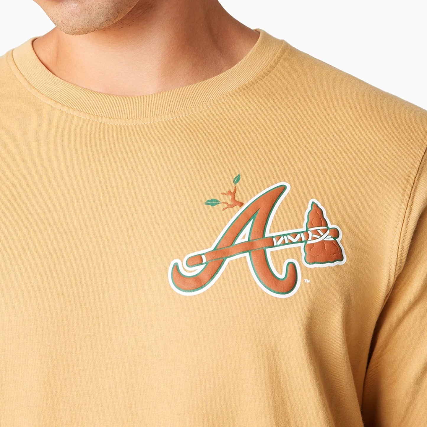 The Male model is wearing Atlanta Braves Camp Beige Long Sleeve T-Shirt 2