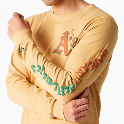 The Male model is wearing Oakland Athletics Camp Beige Long Sleeve T-Shirt 4