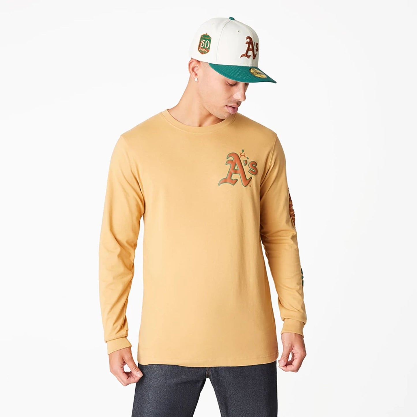 The Male model is wearing Oakland Athletics Camp Beige Long Sleeve T-Shirt 1