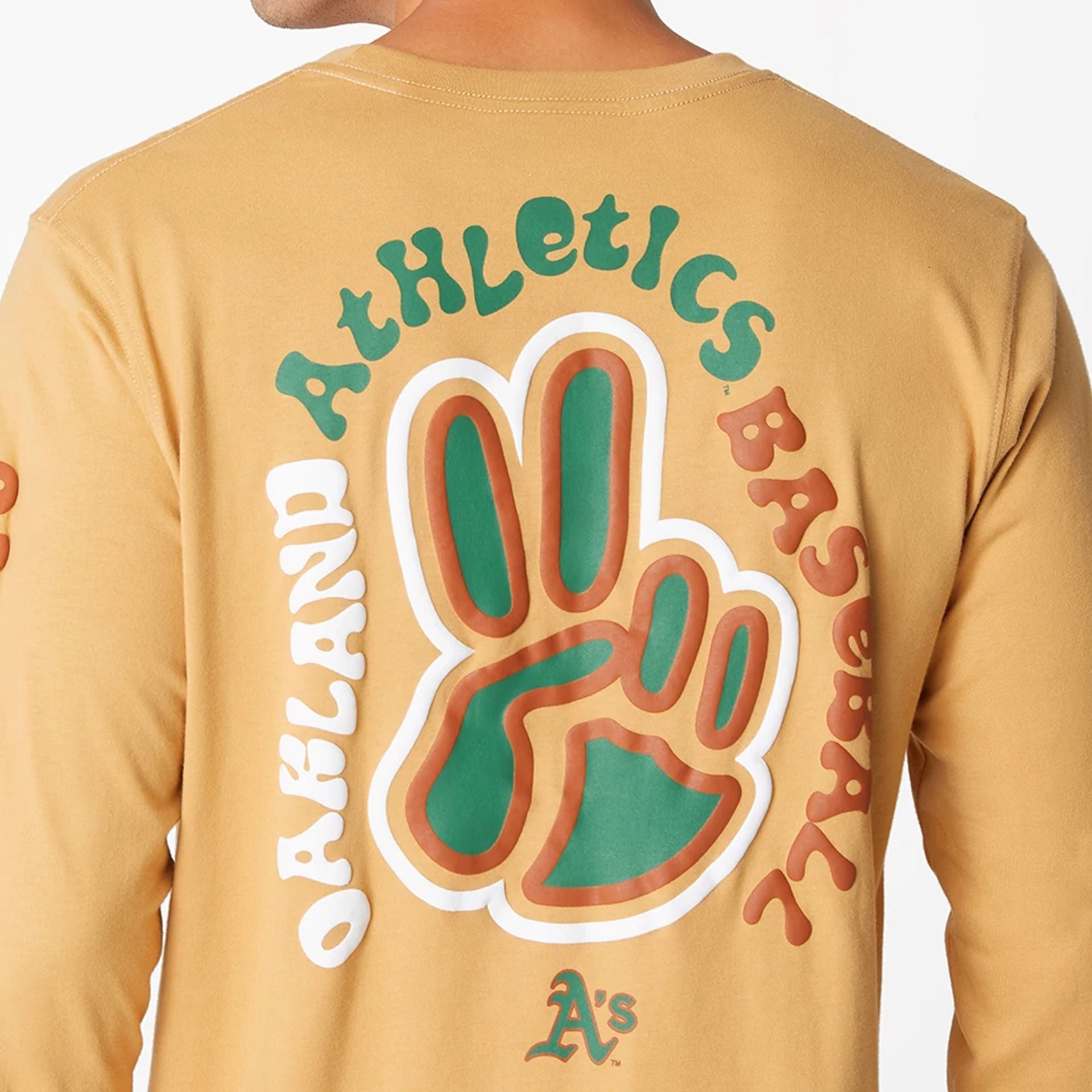 The Male model is wearing Oakland Athletics Camp Beige Long Sleeve T-Shirt 5