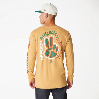 The Male model is wearing Oakland Athletics Camp Beige Long Sleeve T-Shirt 6