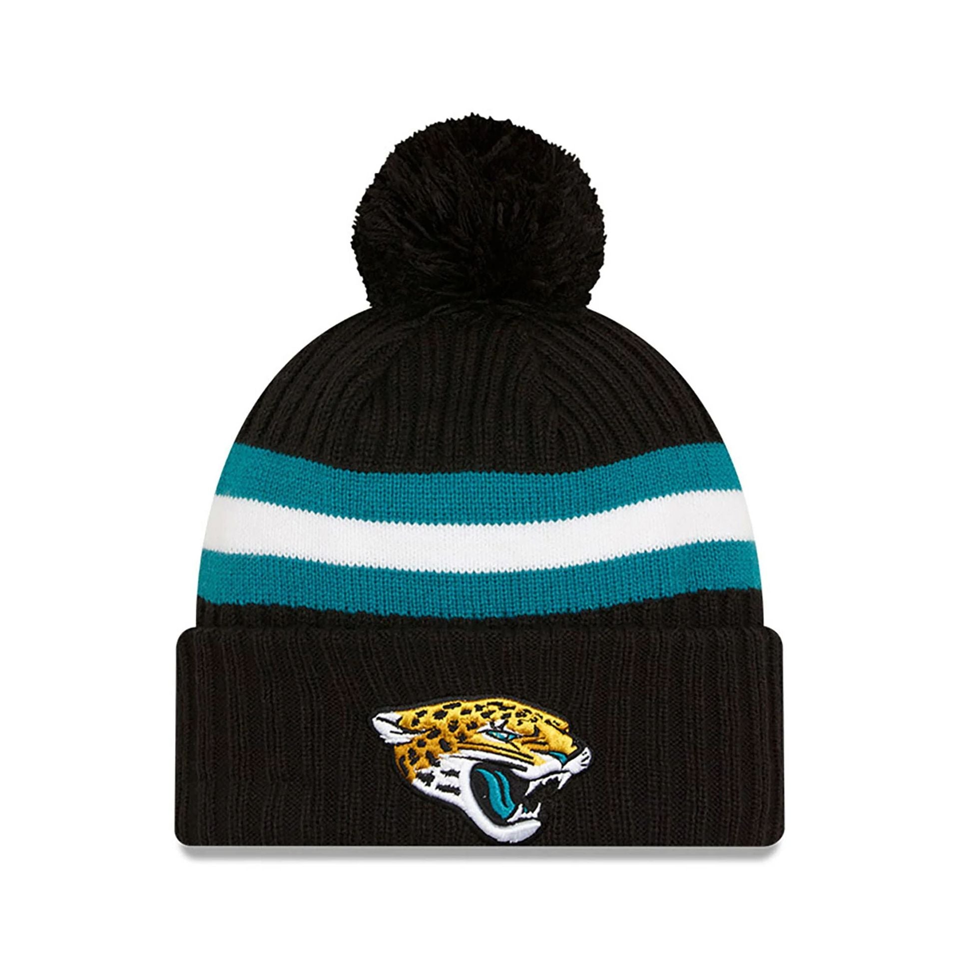 This is a Jacksonville Jaguars NFL Sideline 2023 Black Bobble Sport Knit Beanie Hat 1