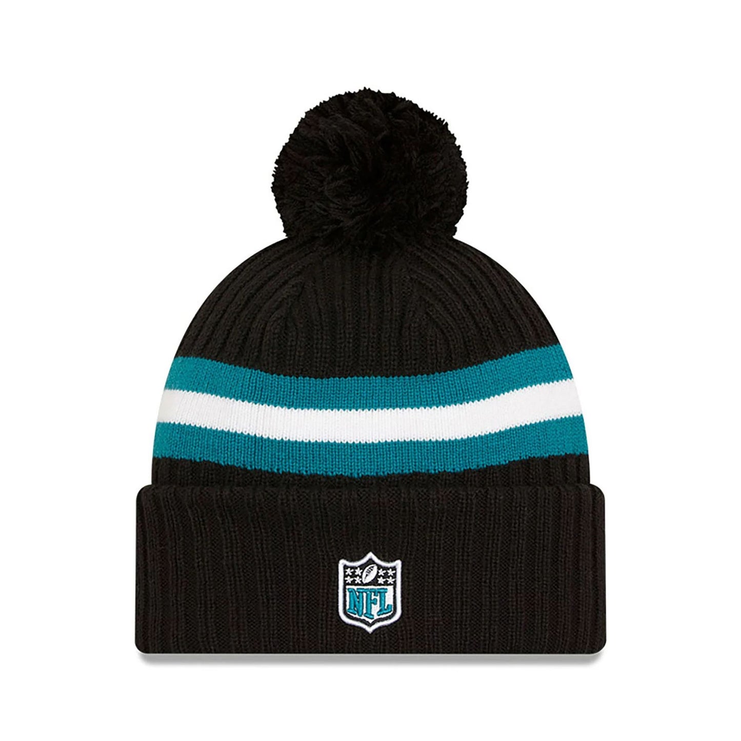 This is a Jacksonville Jaguars NFL Sideline 2023 Black Bobble Sport Knit Beanie Hat 2