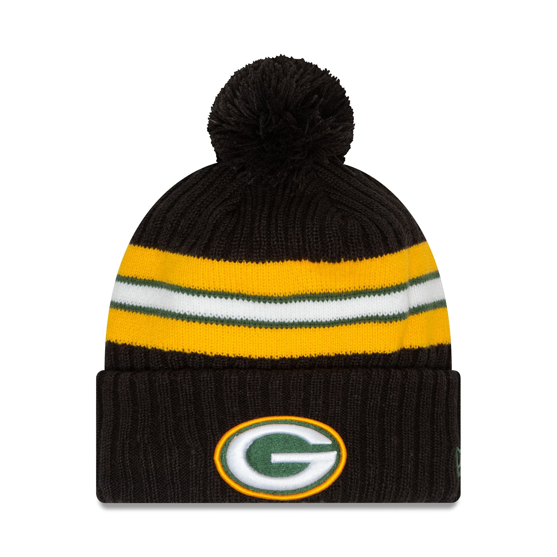 This is a Green Bay Packers NFL Sideline 2023 Black Bobble Knit Hat 1