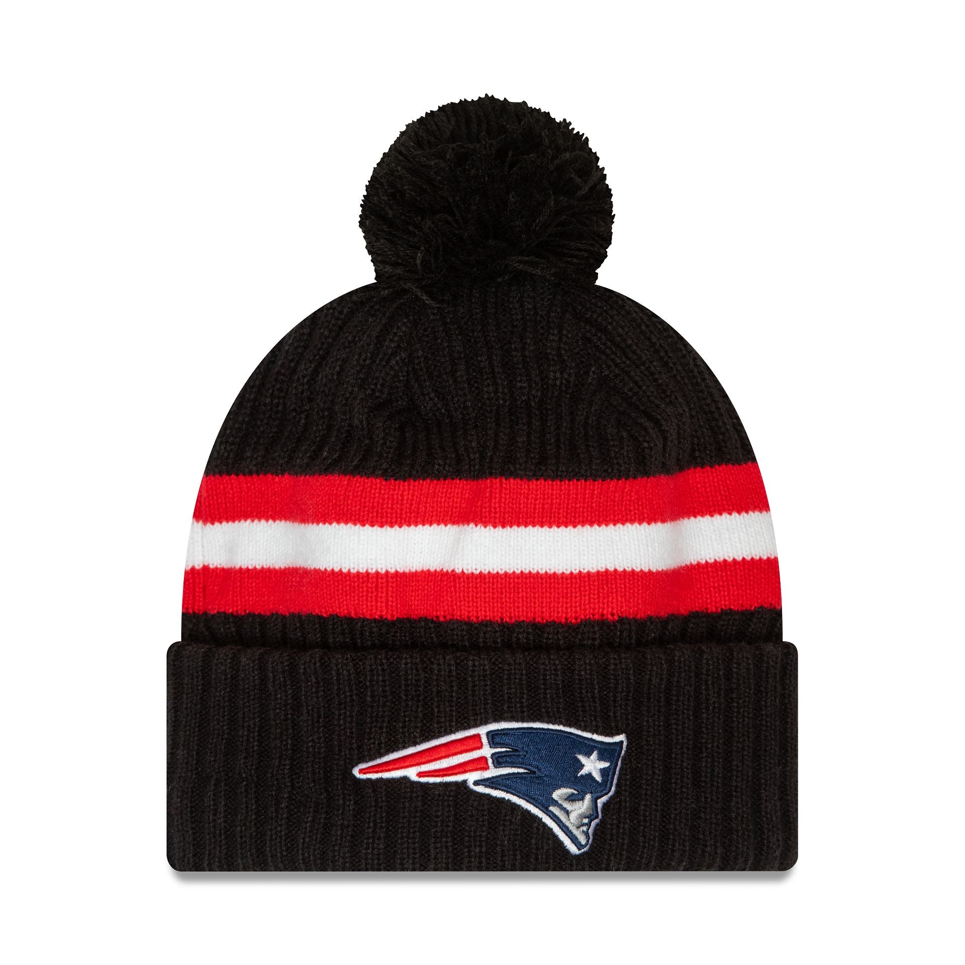 This is a New England Patriots NFL 2023 Sideline Black Bobble Knit Hat 1