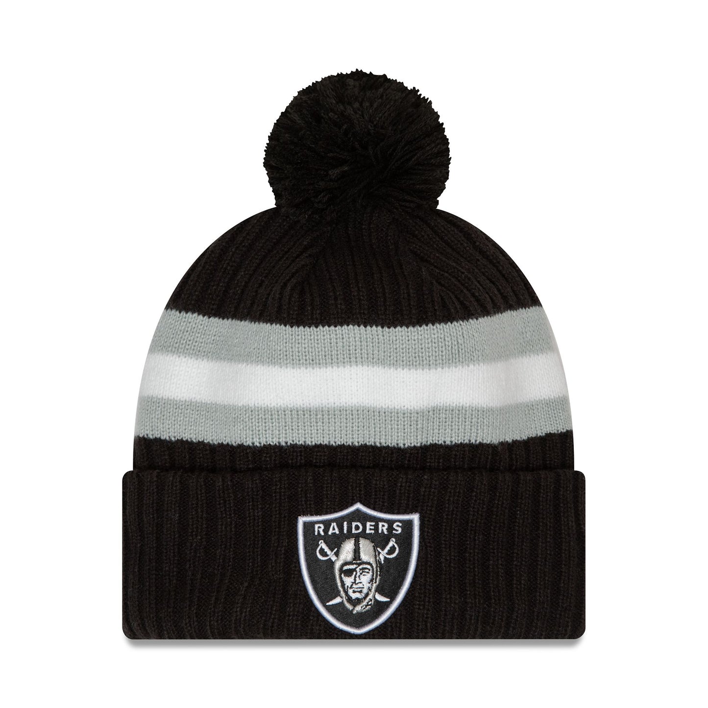 This is a Las Vegas Raiders NFL Sideline 2023 Black Bobble Knit Hat 1