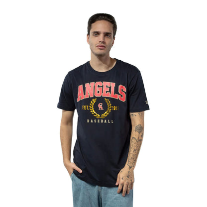 The Male model is wearing California Angels Gold Leaf Navy T-Shirt 1