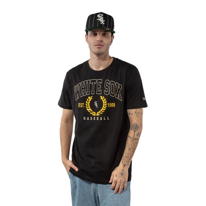 The Male model is wearing Chicago White Sox Gold Leaf Black T-Shirt 1