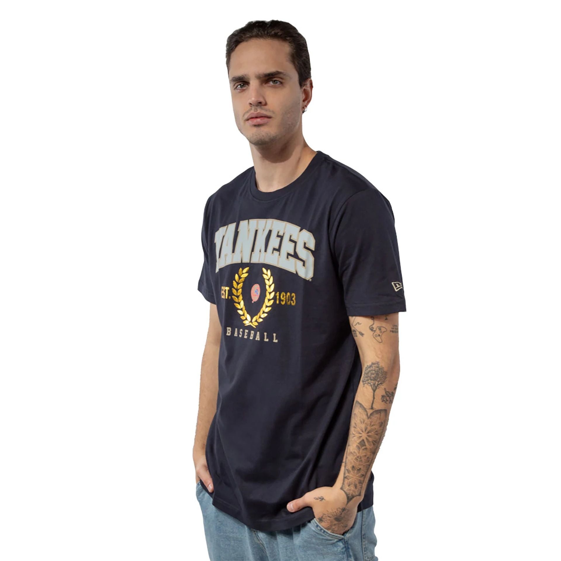 The Male model is wearing New York Yankees Gold Leaf Navy T-Shirt 2