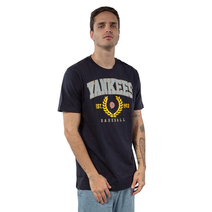 The Male model is wearing New York Yankees Gold Leaf Navy T-Shirt 3