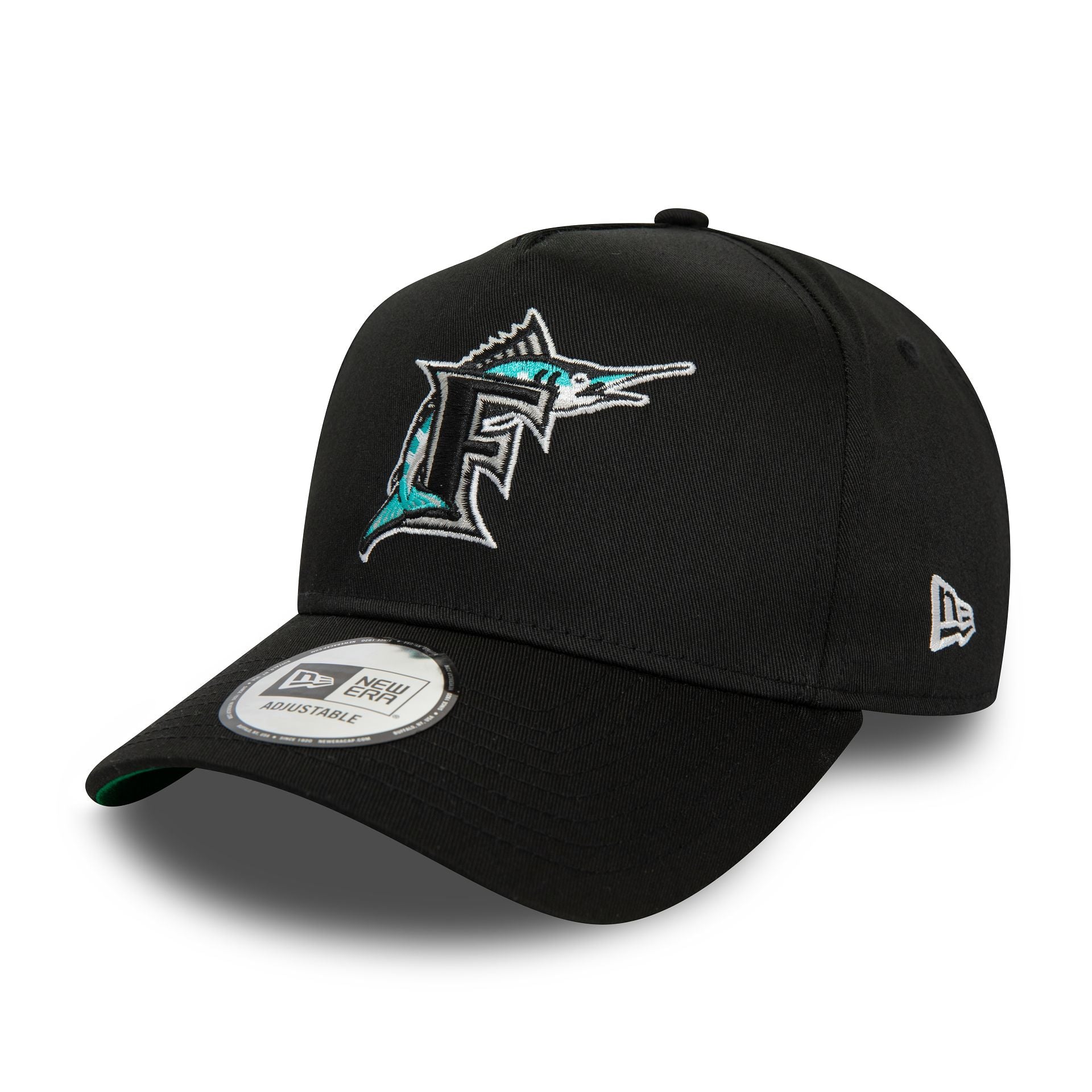 This is a Miami Marlins World Series Patch Black 9FORTY A-Frame Adjustable Cap 5