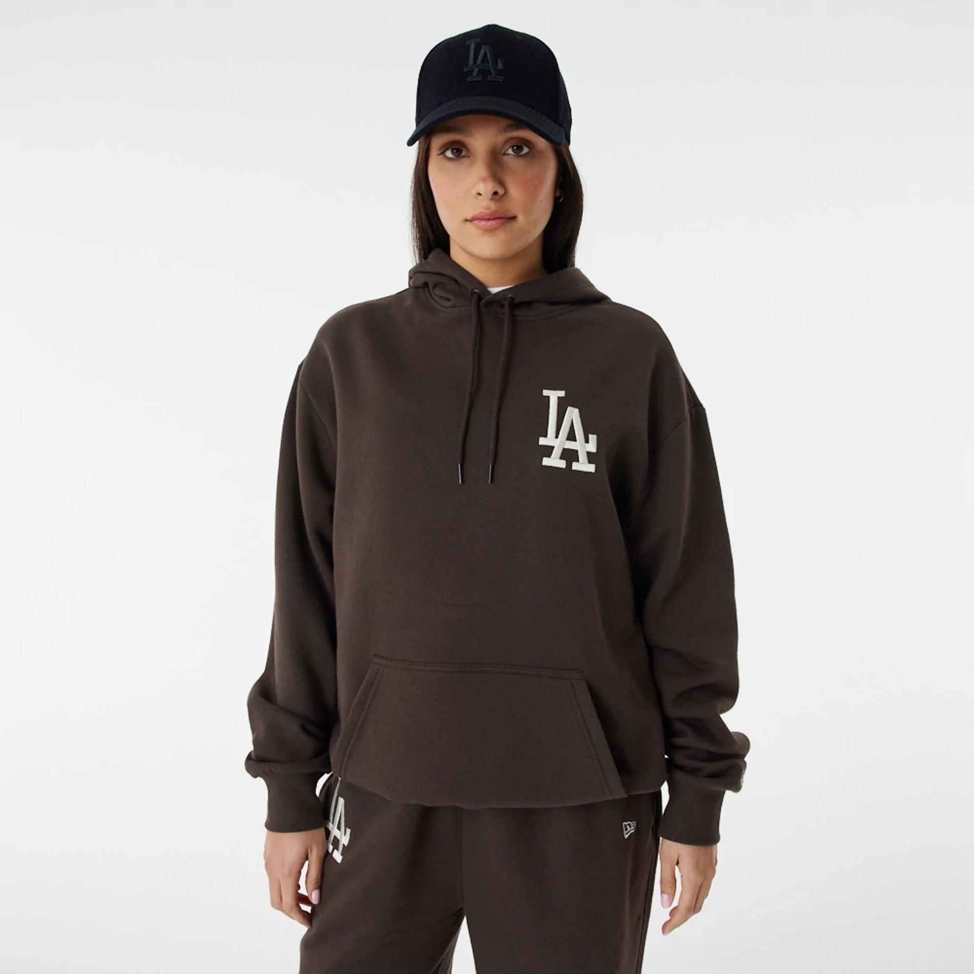 The Male model is wearing LA Dodgers League Essential Brown Oversized Hoodie 8