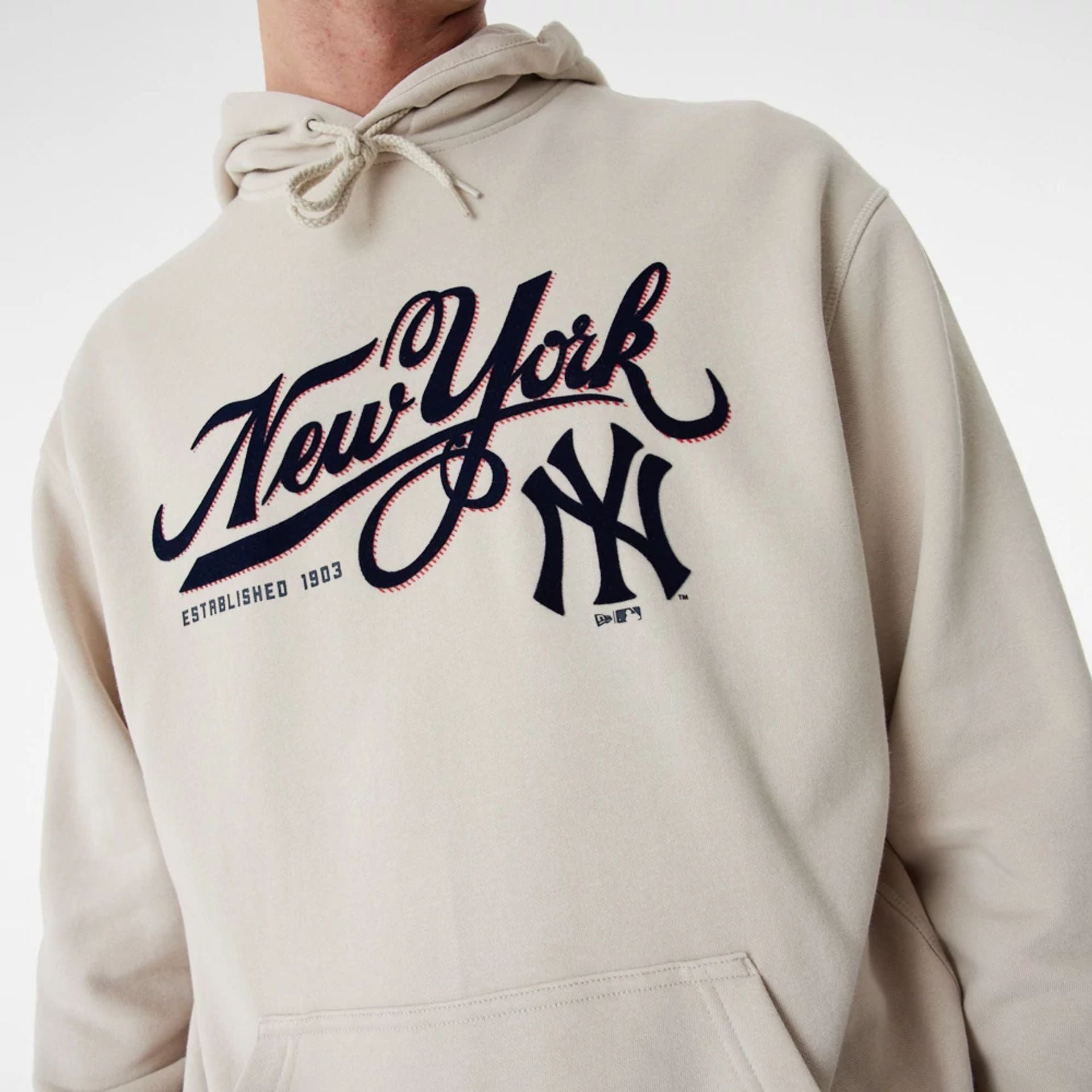 The Male model is wearing New York Yankees MLB Team Retro Graphic Light Beige Oversized Hoodie 2