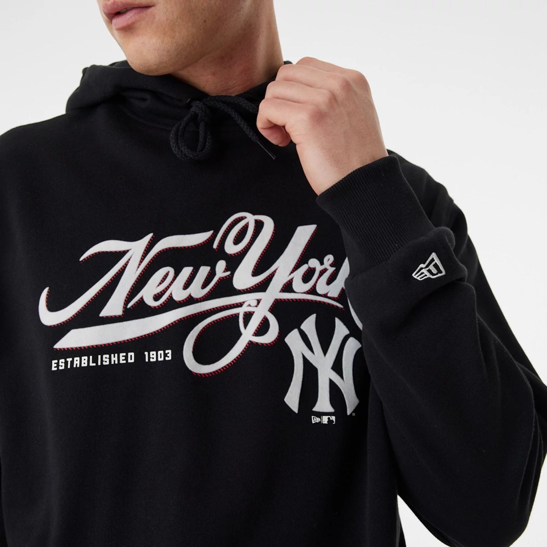 The Male model is wearing New York Yankees MLB Team Retro Graphic Black Oversized Hoodie 6