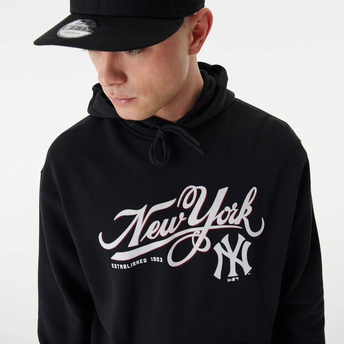 The Male model is wearing New York Yankees MLB Team Retro Graphic Black Oversized Hoodie 3