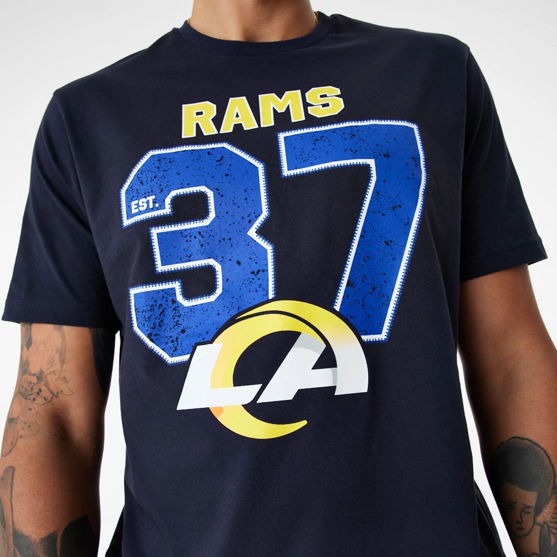 The Male model is wearing LA Rams NFL Wordmark Navy T-Shirt 6