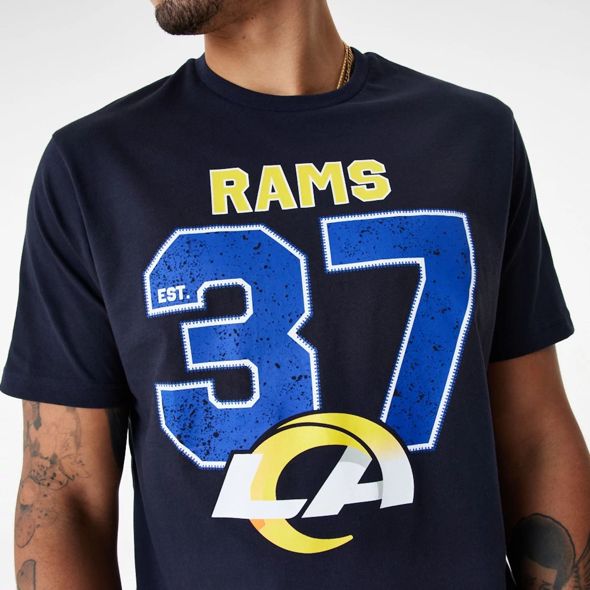 The Male model is wearing LA Rams NFL Wordmark Navy T-Shirt 1