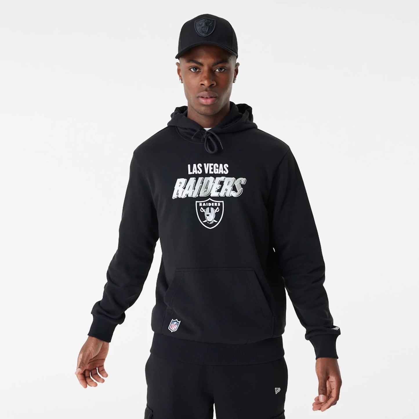 The Male model is wearing Las Vegas Raiders NFL Script Graphic Black Hoodie 6