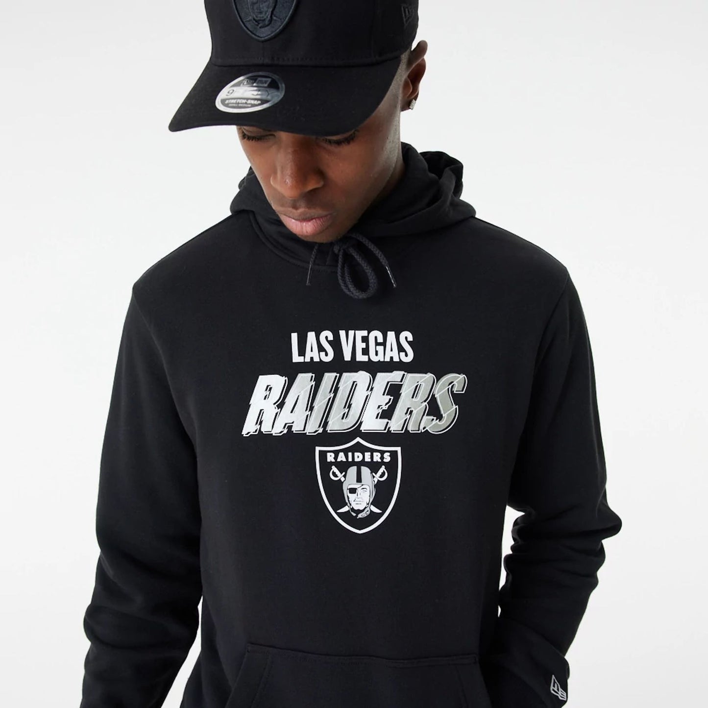 The Male model is wearing Las Vegas Raiders NFL Script Graphic Black Hoodie 1