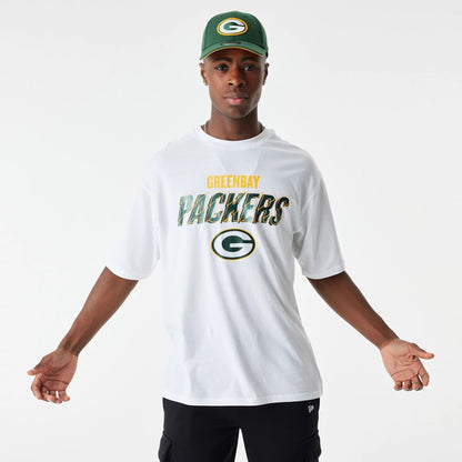 The Male model is wearing Green Bay Packers NFL Script Graphic White Oversized T-Shirt 1