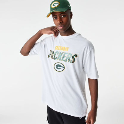 The Male model is wearing Green Bay Packers NFL Script Graphic White Oversized T-Shirt 4